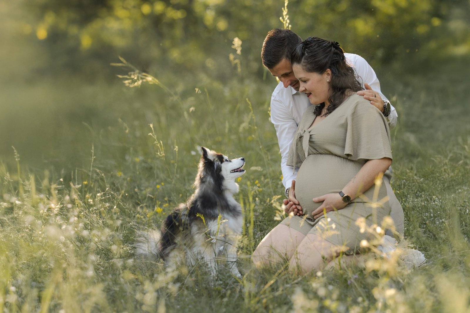 Couple avec leur chien dans un pré fleuri, femme enceinte tenant son ventre